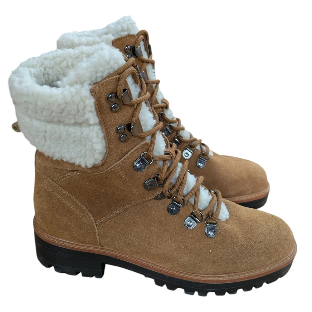 Marc Fisher Isalia Combat Boot Tan Suede with Faux Shearling Lining Size 8.5